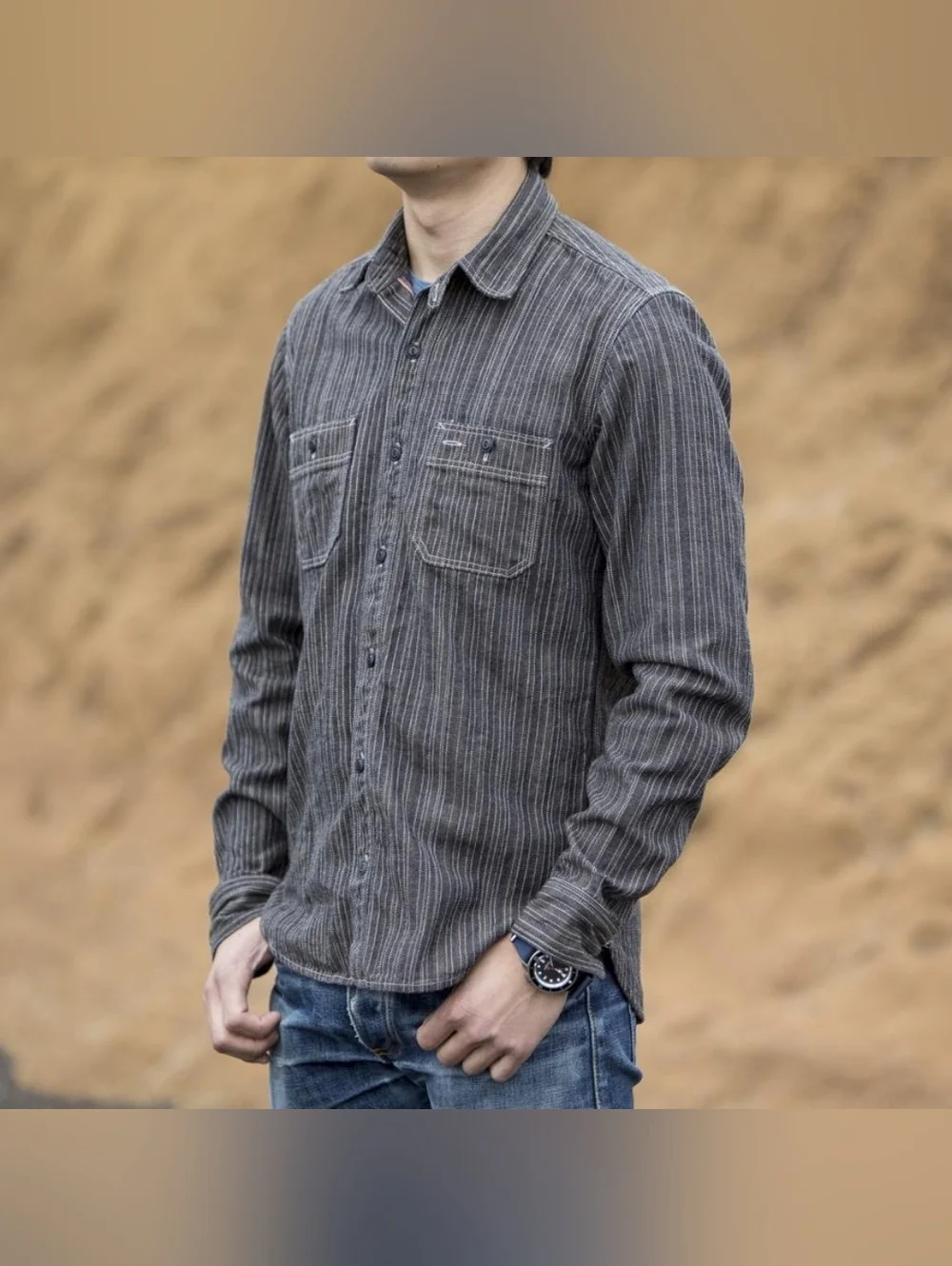 Gustin #8 Japan Wabisabi Workshirt, Brown/Gray & White Striped (SIZE LARGE SLIM) - Picture 2 of 15